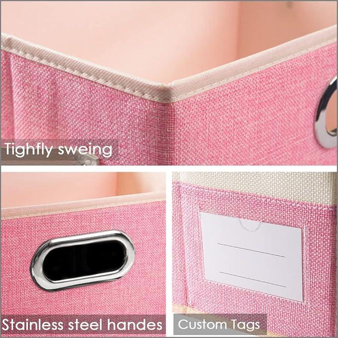 PRANDOM Large Collapsible Storage Bins with Lids [3-Pack] Fabric Foldable Storage Boxes Organizer Containers Baskets Cube with Cover for Home Bedroom Closet Office Pink&Cream(17.7x11.8x11.8)