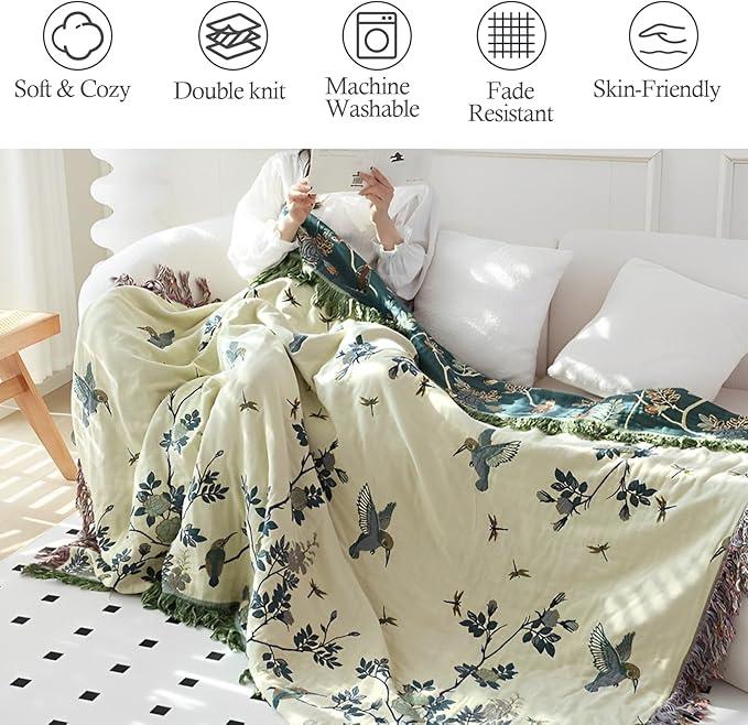 Snycler Boho Throw Blanket for Bed - 100% Cotton Ultra Soft Rustic Quilt Blanket Green Floral Bird Printed Farmhouse Decor Bed Blankets, 80