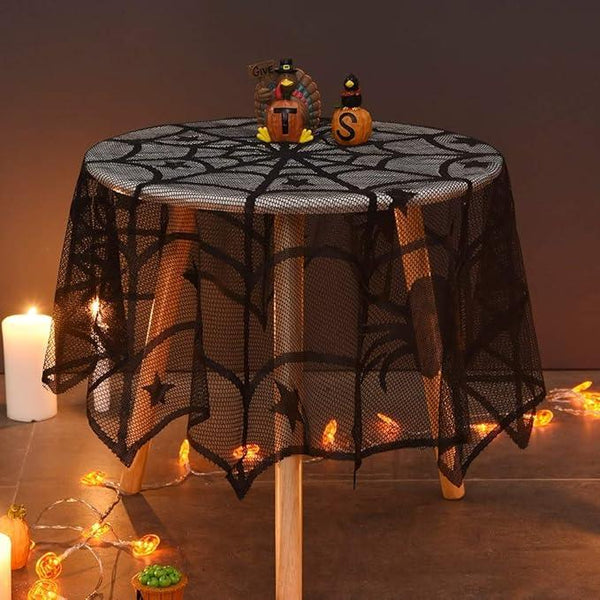 Lulu Home Halloween Table Cover, Round Black Spider Web Halloween Table Toppers for Festival Party Decoration