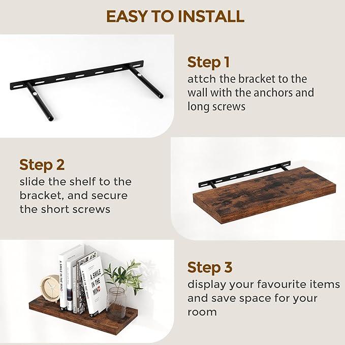 Fun Memories 32 Inch Floating Shelves, Farmhouse Wood Floating Shelf Set of 2, 32 x 9 Floating Shelf Wall Mounted, Deep Storage Display Shelves for Kitchen, Bedroom, Living Room, Rustic Brown Color