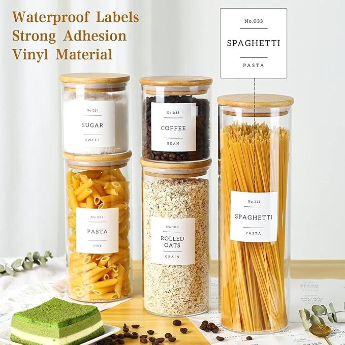 5 Pack Glass Jars with Bamboo Airtight Lids - Stackable Food Storage Containers with 132 Pantry Labels - with Wood Lid for Candy, Cookie, Rice, Sugar, Flour, Pasta, Nuts