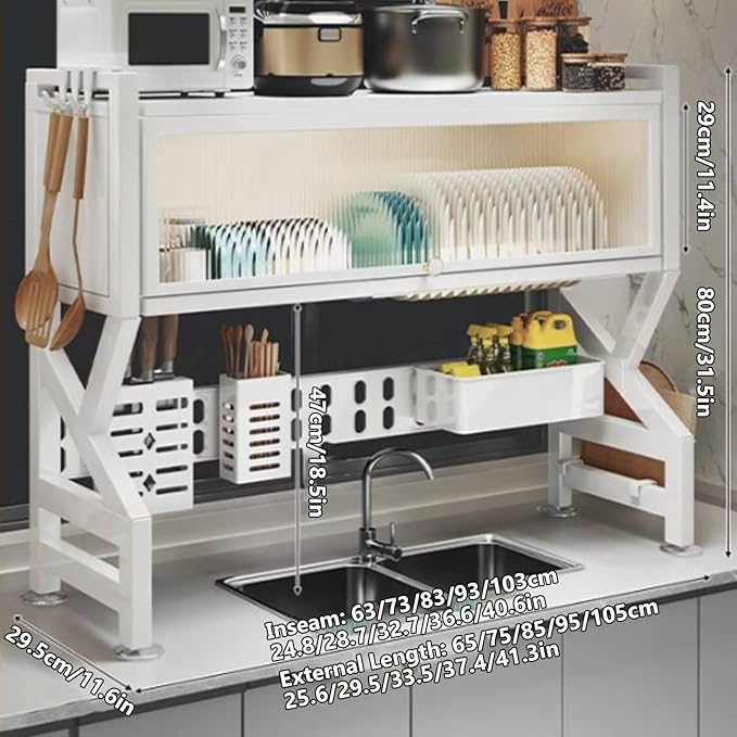 Kitchen sink rack dishwashing sink countertop dustproof cupboard storage multifunctional tableware storage drain rack double layer,KeepKitchen Sink Shlef Organized Space-Saving(White,65cm/25.6in)