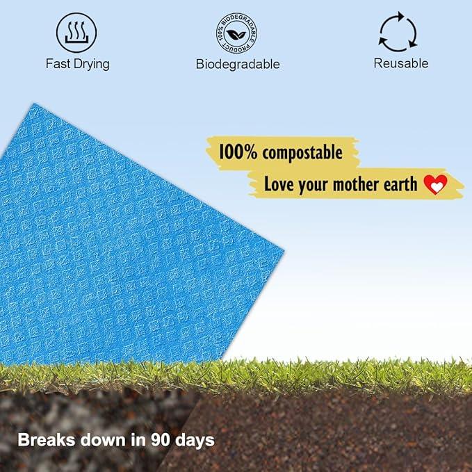 Swedish Dishcloths - 10 Pack Reusable Kitchen Dishcloths - Ultra Absorbent Dish Towels for Washing Dishes - Cellulose Sponge Cloth Cleaning Cloths - Blue