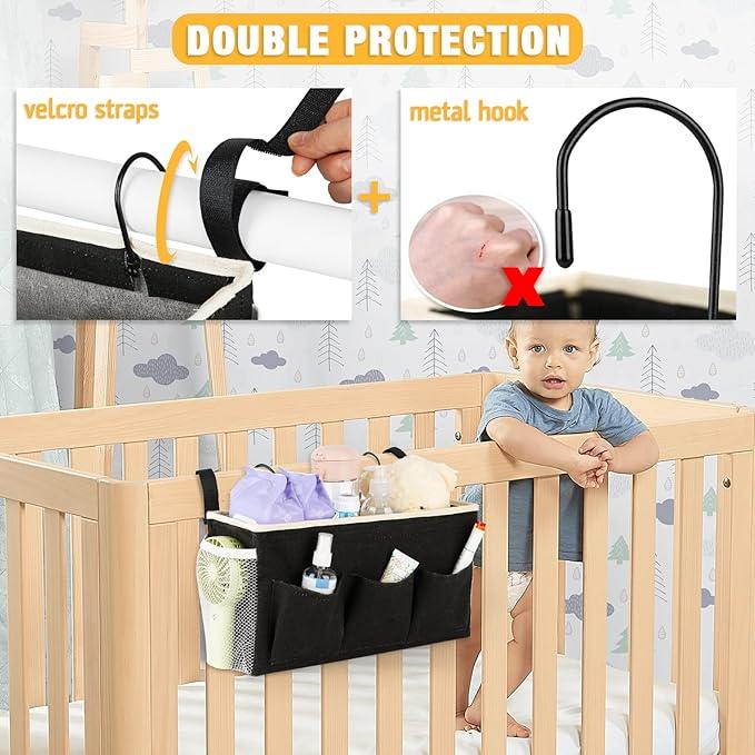 Bedside Caddy Bedside Organizer Bedside Storage Caddy with Fixed Straps and Water Bottle Holder for Home College Dorm Bunk Bed Hospital Bed Crib Bed Rails (Black)