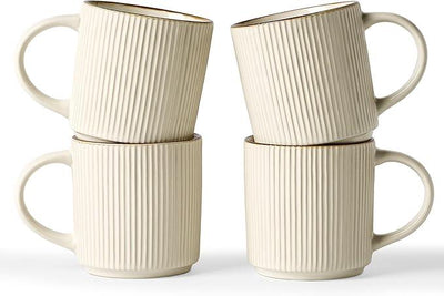 famiware Coffee Mug Set for 4, Star 12 oz Catering Mugs Cup Set with Handle for Coffee, Tea, Cocoa, Milk - Ceramic Stoneware Drinkware Set, White