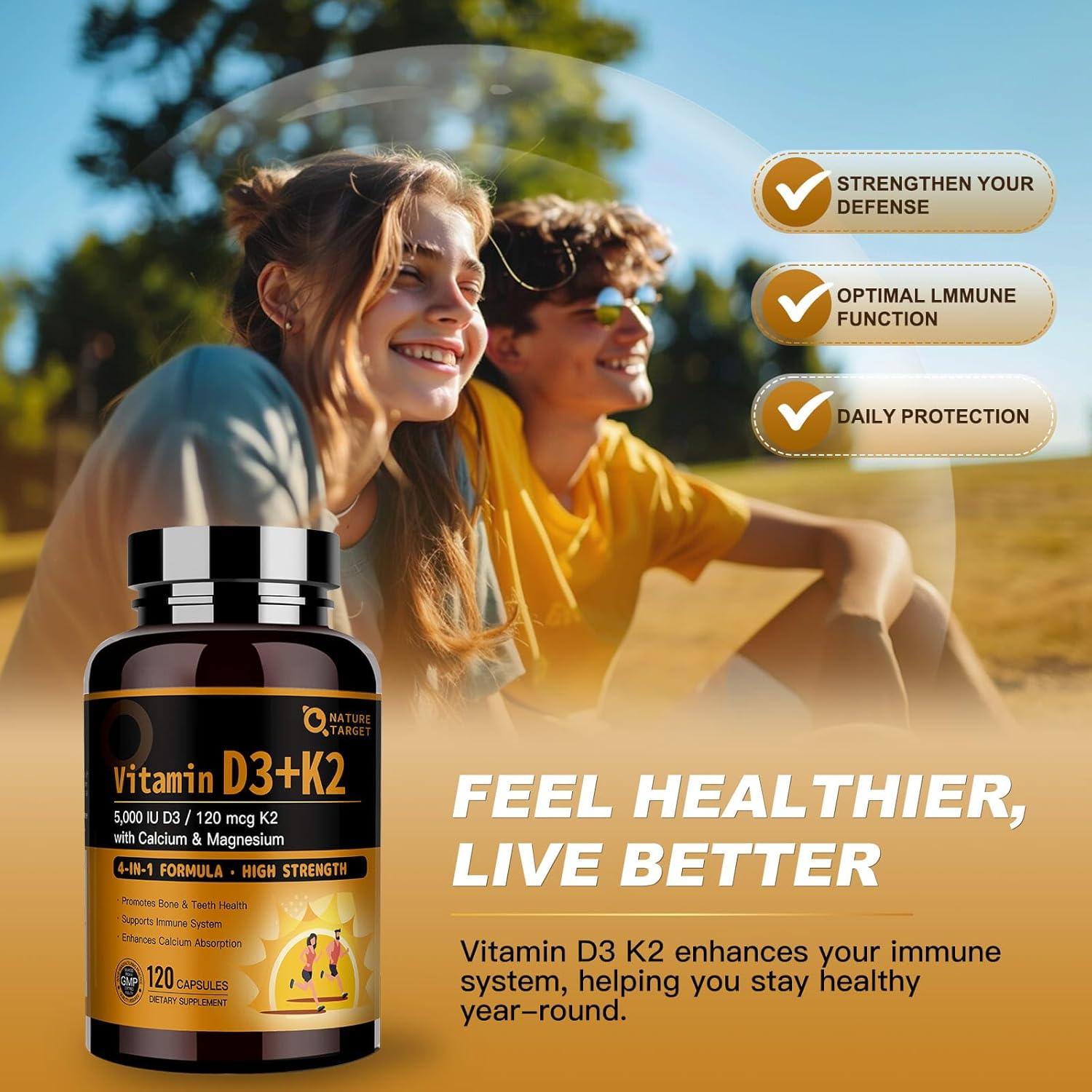 Vitamin D3 K2 Capsules Supplement with Calcium & Magnesium - Max Strength 4 in 1 Formula for Bone, Heart & Immune Support
