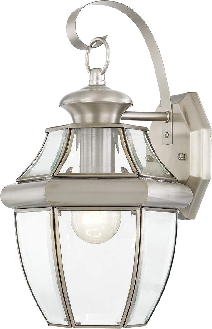 Livex Lighting 2151-91 Monterey 1 Light Outdoor Brushed Nickel Finish Solid Brass Wall Lantern with Clear Beveled Glass 13