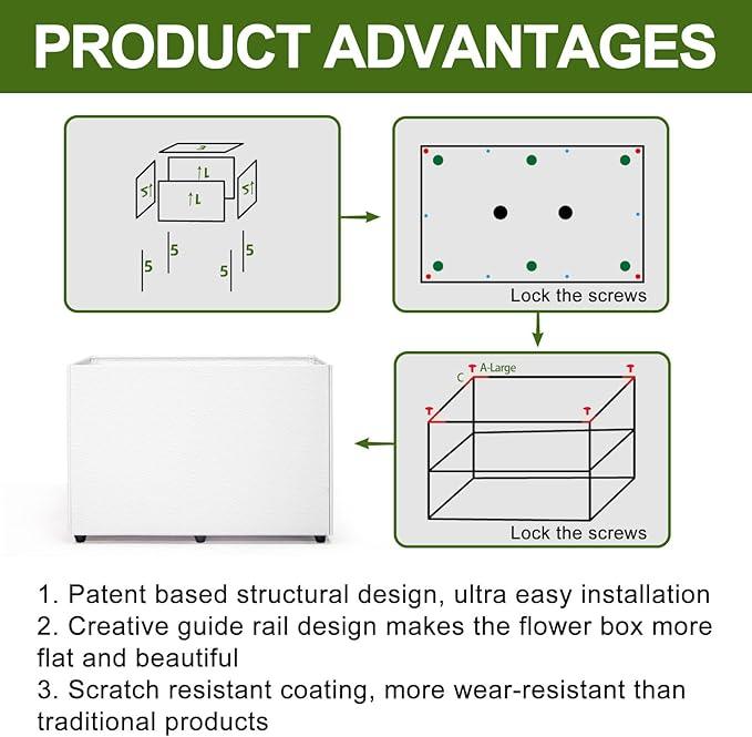 Planter Box Rectangular Block - 24×16×12IN Galvanized Steel Metal Long Box Planter Easy Installation Modern Outdoor Tall Planters All-Weather Use with Drainage Holes for Patio/Porch(White)