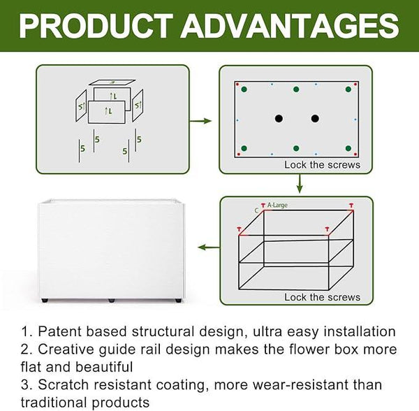 Planter Box Rectangular Block - 24×16×12IN Galvanized Steel Metal Long Box Planter Easy Installation Modern Outdoor Tall Planters All-Weather Use with Drainage Holes for Patio/Porch(White)