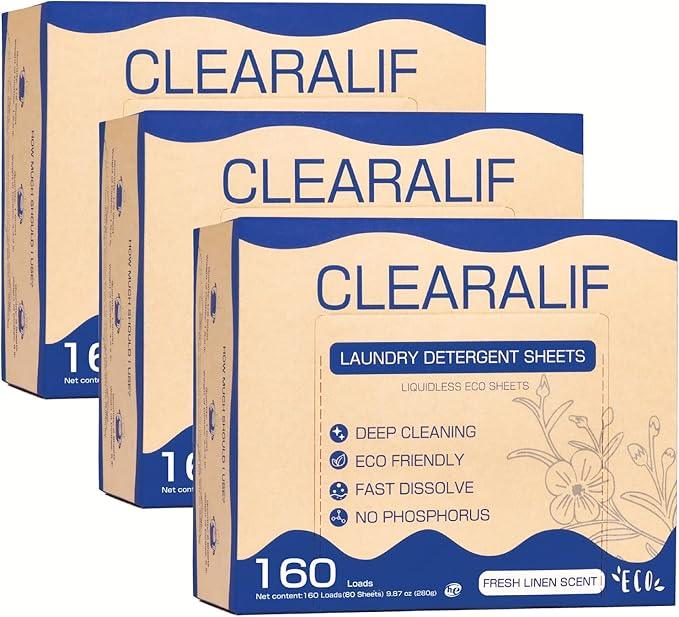 CLEARALIF Laundry Detergent Sheets (480 Loads), Fresh Linen,Great For Travel,Apartments, Dorms,CLEARALIF Laundry Detergent Strips Eco Friendly & Hypoallergenic (Pack of 3)