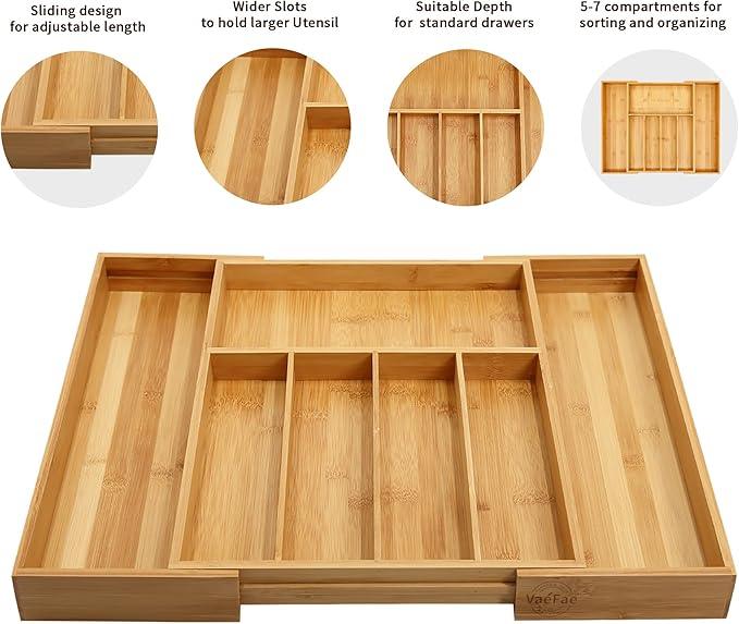 VaeFae Premium Bamboo Drawer Organizer, Expandable Silverware Drawer Organizer, Cutlery Tray with Dividers for Kitchen Utensils (Natural, Large)