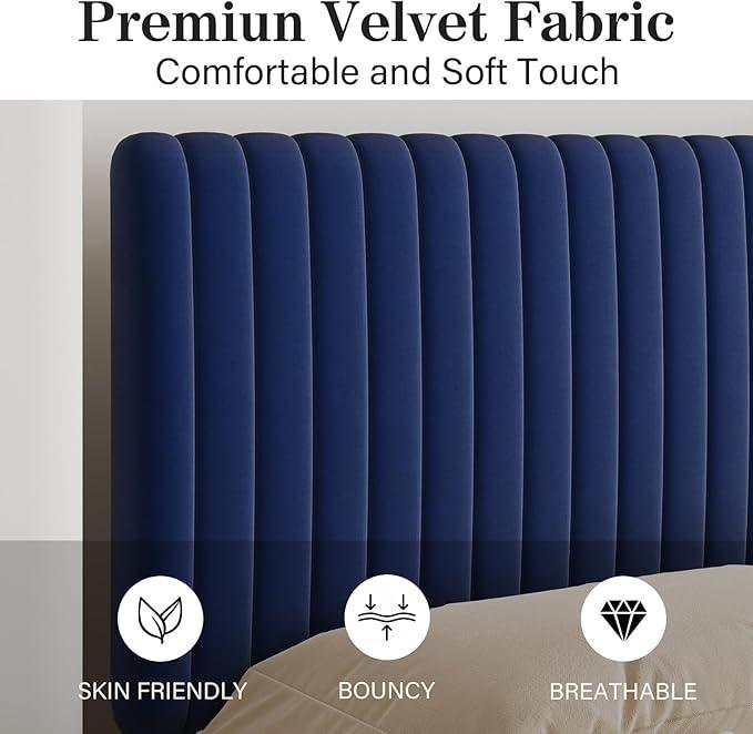 Queen Size Bed Frame with Headboard, Velvet Upholstered Platform Bed with Vertical Channel Tufted Design, No Box Spring Required, Easy Assembly, Blue