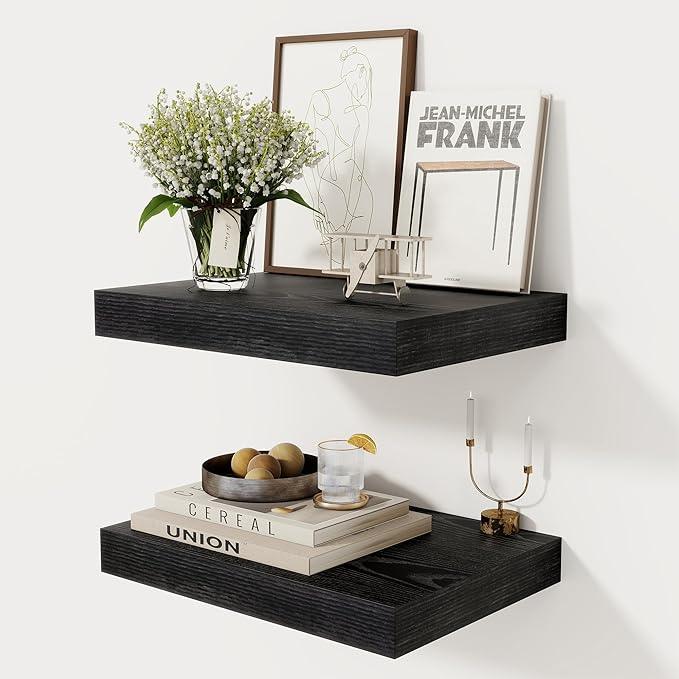 12 Inch Deep Black Floating Shelves, 16 x 12 Floating Shelf for Books, Rustic Wood Deep Wall Shelves for Home Storage & Display, 2