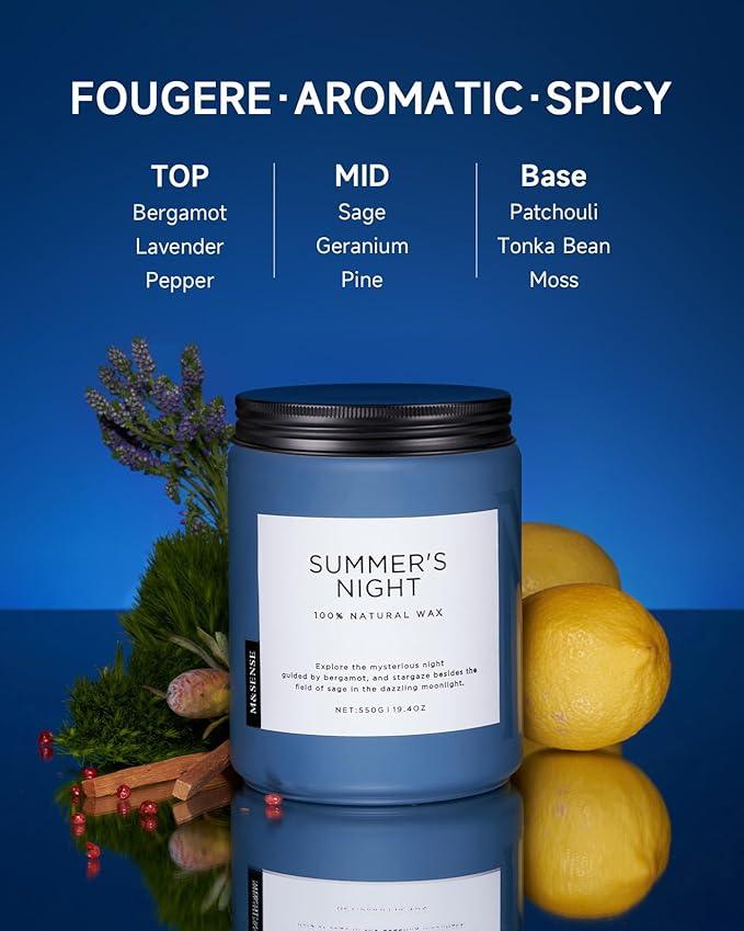 M&SENSE Summer's Night Soy Candle, Large 2 Wick, 19.4oz Up to 110 Hours Burn Time, Natural Scented for Home, Manly Candle in Glass Jar for Bedroom