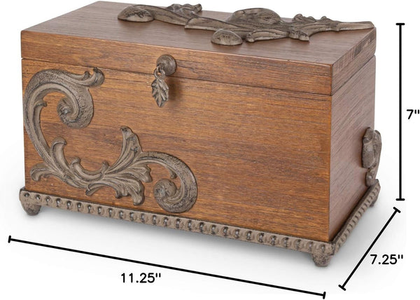 Birch Wood Hinged-Lid Box with Metal Acanthus Leaf-Accent and Base