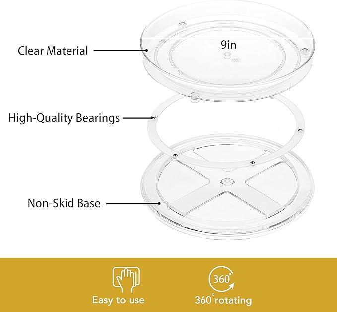 URALFA 9 Inch Lazy Susan Spice Rack Organizer, 360 Degree Rotating Round Lazy Susan Turntable for Cabinet, 2-Pack, Clear