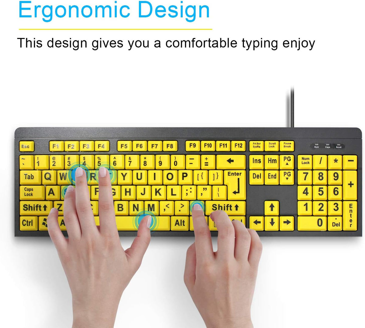 Large Print Keyboard for Seniors with High Contrast Yellow Keys, Wired USB, Low Vision