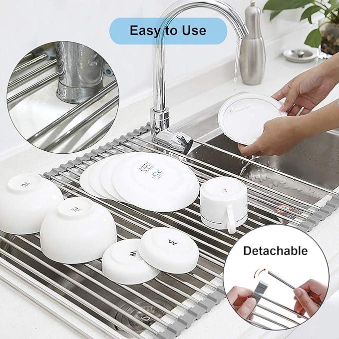 Searik Stainless Steel Over The Sink Dish Drying Rack, Roll Up Foldable Kitchen Sink Drainer Rack (17.7