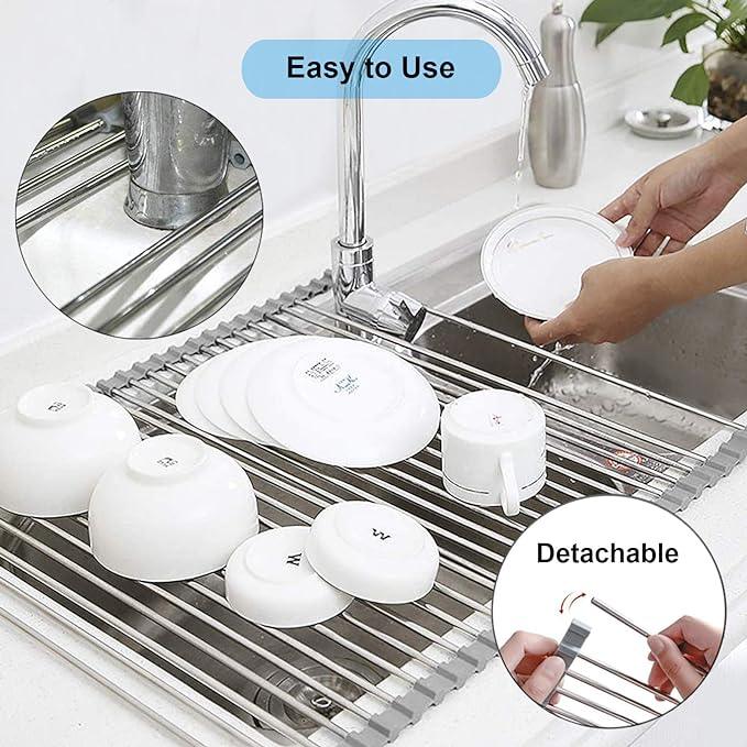 Searik Roll up Dish Drying Rack, Over The Sink Rolling Dish Drainer Rack Multipurpose Foldable Kitchen Stainless Steel Dish Rack Sink Drying Rack for Kitchen Sink Counter (17