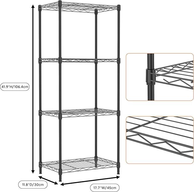 4 Tiers Shelf Metal Storage Shelves Wire Rack Closet Organizers with Wheel for Garage Kitchen Bathroom Laundry Black 11.8
