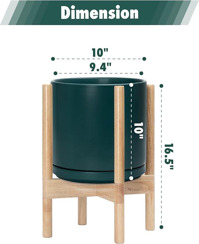 D'vine Dev Ceramic Planter with Natural Stand - 10 Inch Modern Round Flower Pot with Wood Planter Holder, Teal, 55-B-K-4