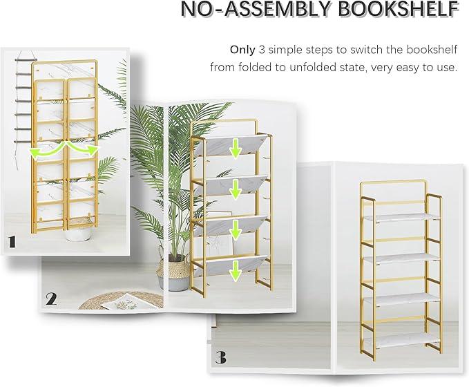 4NM No Assembly Foldable Bookshelf, 4-Shelf Collapsible Bookcase Storage for Small Spaces, 54