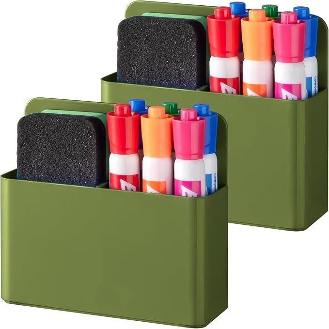 BEYGORM 2 Pack Plastics Magnetic Pen Holder for Refrigerator, Dry Erase Marker Holder for Whiteboard，Magnet School Locker Organizer Accessories, Pencil Cup, Pen Caddy (Army Green)