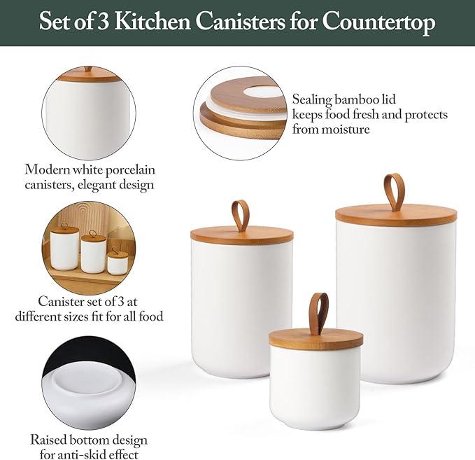Ceramic Canisters Sets for Kitchen, Airtight Canister with Bamboo Lid, Ceramic Coffee Canister Kitchen Canisters for Countertop, Flour and Sugar Containers for Food Storage Jars, White, Set of 3