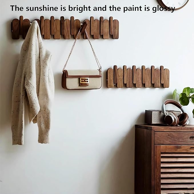 Wall Mounted Piano Key Hanger | Flip Style Hook | Entrance Wall Art Hook, Made of Oak Wood (3 Times Painted, 4 Times Polished) (Arc Walnut, 4Hooks)