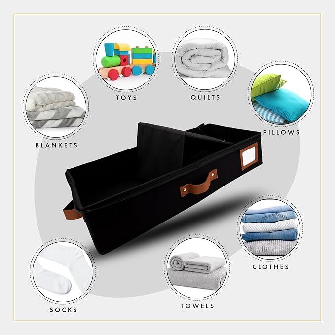 HOMELUX THEORY 2pc Under Bed Storage Containers, Bedroom Under the Bed Drawer Storage Organizer with Bins and Lids, Large Underbed Clothes Storage Box Ideal for Blanket, Fabric, & Shoes (Black)