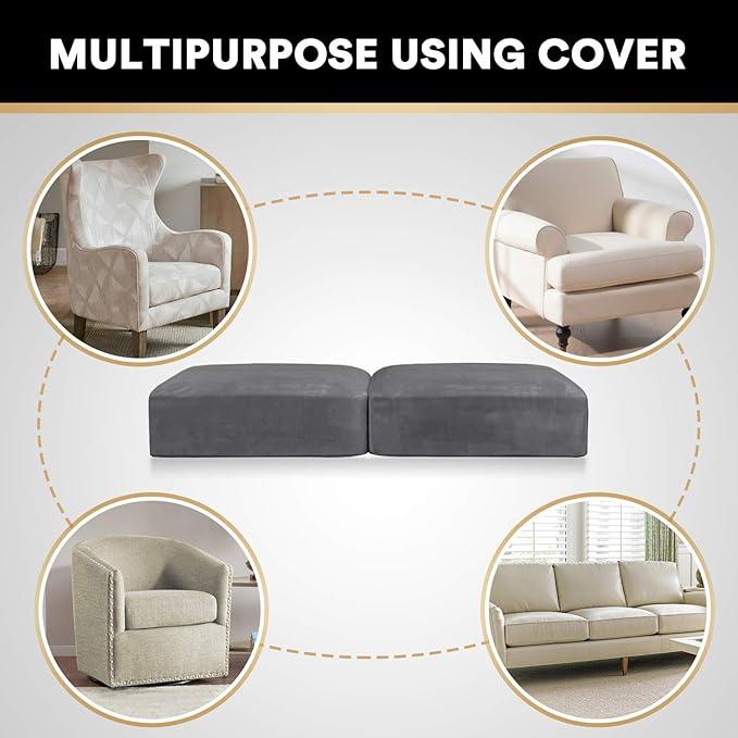 PrinceDeco Stretch Velvet Couch Cushion Covers for Individual Cushions Sofa Cushion Cover Seat, Sofa Covers Washable, Couch Seat Cushion Covers for Sectional (2 Pieces, Grey)