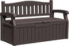 Greesum 80 Gallon Outdoor Storage Bench, Resin Patio Furniture with Armrest,Waterproof and UV-Resistant, Perfect to Garden, Poolside and Lawn, Dark Brown
