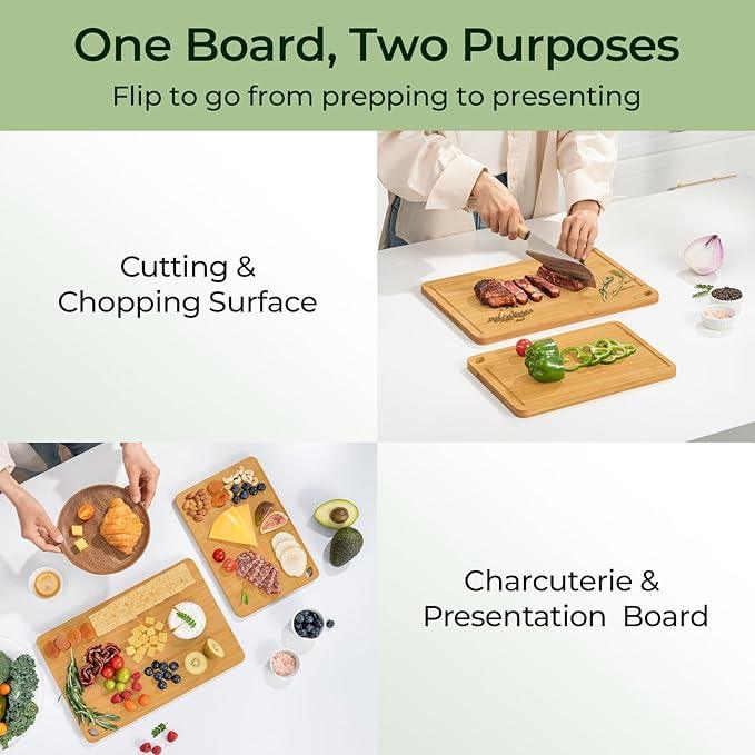 Chopping Board 2-Pcs Natural Bamboo Cutting Board With Juice Channels & Knife-Friendly Finish For Versatile Kitchen Use, Ideal Charcuterie & Chopping Multi-Use