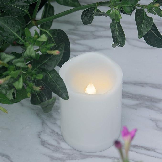CANDLE CHOICE Waterproof Outdoor Battery Operated Flameless Candles Remote Timer White Plastic Realistic Flickering Fake Electric LED Pillars Lantern Garden Wedding Christmas Decorations 3”x4” 6 Pack