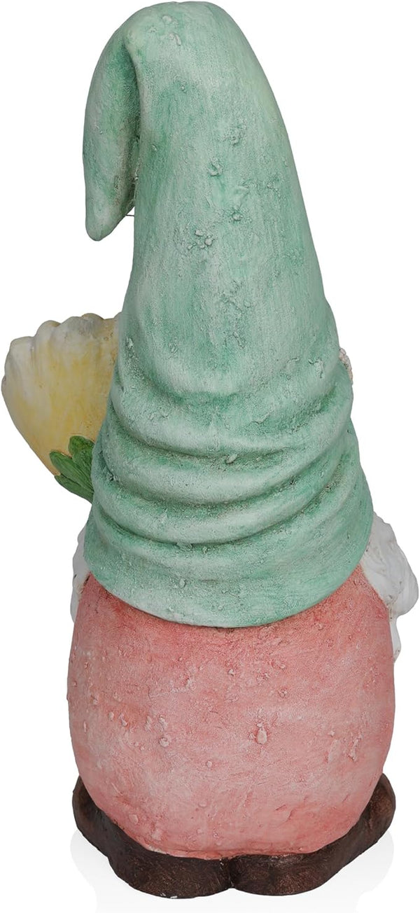 Alpine Corporation MCC842 Indoor/Outdoor Gnome Holding Sunflower Garden Statue, Charming Gnome Statue w/Hat, 21