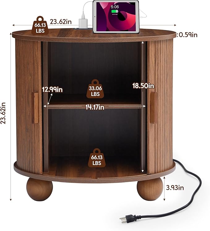 Farmhouse Round End Table with Charging Station, 24