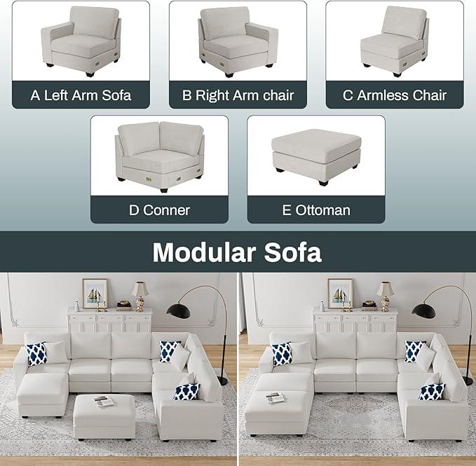 L Lengend Vansen Modular Sectional Sofa U Shaped Couch with Ottoman Modern Reversible Corner Sectional Couch for Living Room (Cream, U Shaped Sofa-3)