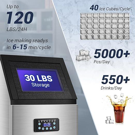 Commercial Ice Maker Machine 120LBS/24H with 30LBS Storage Bin, 15