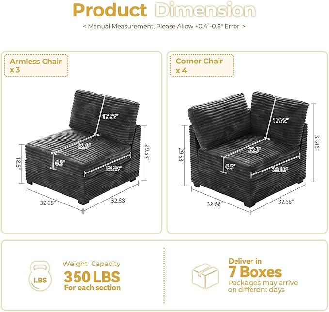 HOOOWOOO Modular Sectional Sofa,7 Pieces Sectional Couches for Living Room,131X98 U Shaped Cloud Couch Set(Grey Velvet Corduroy)