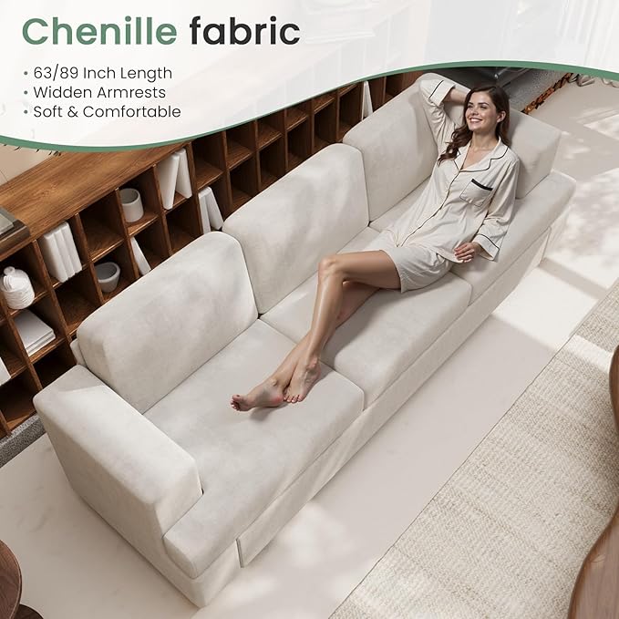 Sofa, 3 Piece Set Comfy Sofa, 2 Loveseat & 3 Seater Couch with Deep Seats for Living Room, Modern Sleeper Couch, Beige Chenille