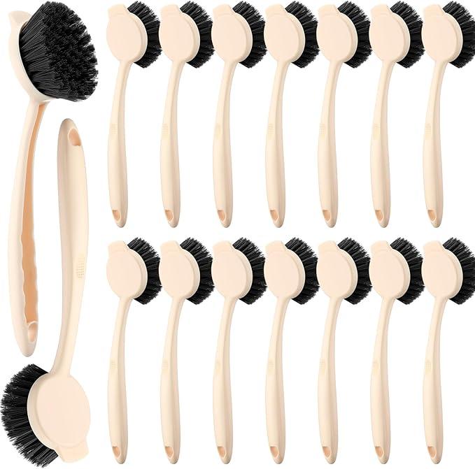 16 Pack Dish Brush with Handle Dish Scrubber Brush with Built-in Scraper Kitchen Scrub with Stiff Bristles Long Scrubber for Home Restaurant Pot Sink Washing Cleaning Supplies, Beige