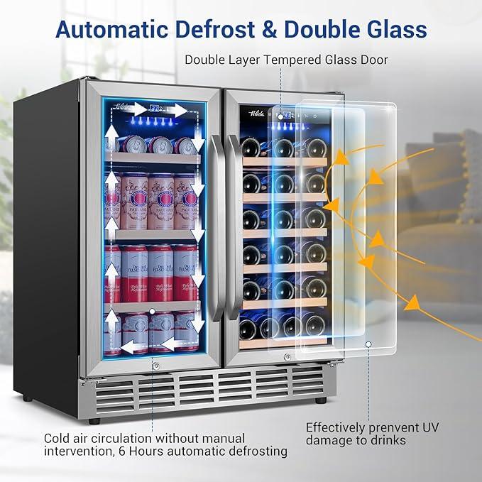 Wine and Beverage Refrigerator 30 Inch, Upgrade Dual Zone Wine Cooler, 30'' Wine beverage Fridge Built in or Freestanding Under Counter Large Capacity Glass Door Advanced Cooling System