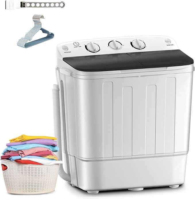 Portable Mini Twin Tub 18lbs Washing Machine With Drying Rack& 10 Hangers, 11lbs Washer & 7lbs Spinner, Small Laundry Washer with Time Control for Camping, Apartments, RV (18lbsBlack)