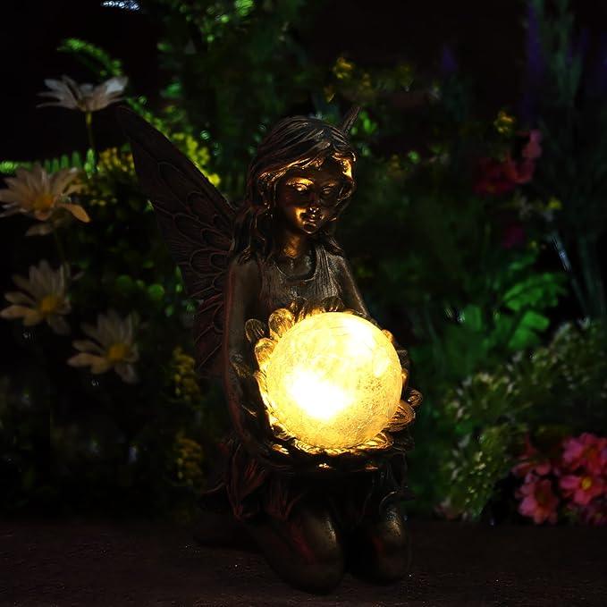 Garden Statues Outdoor Flower Fairy Decor,Solar Powered Outdoor Resin Statues-Patio Lawn Yard Porch, Funny Garden Fairies Ornaments Figurines for Outside Garden Gifts,8.31 Inches Tall