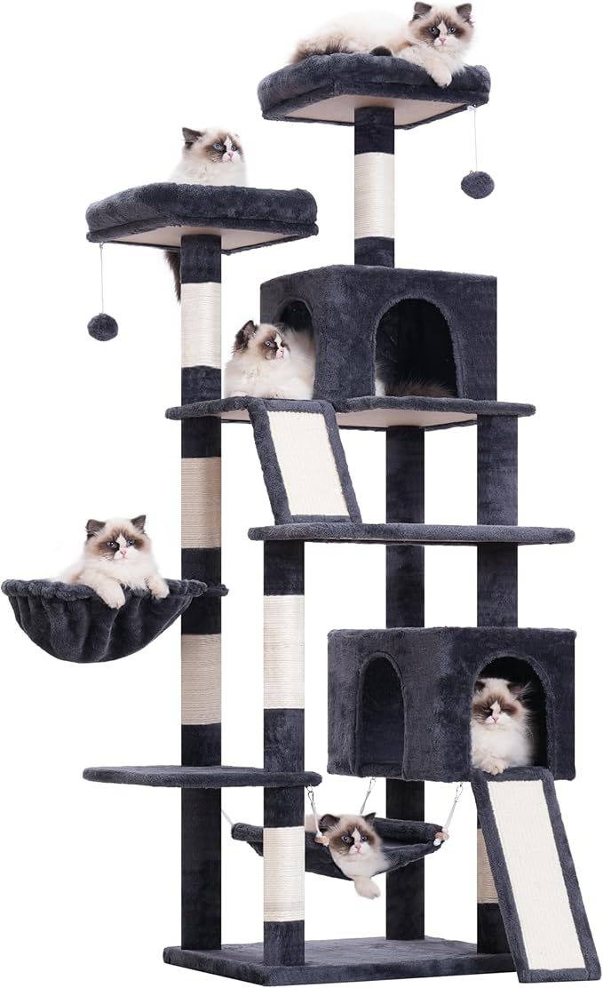 Cat Tree for Indoor Cats, 71'' (180cm) Multi-Level Cat Tower for Large Adult, Sturdy Cat Tree House with 2 Scratching Boards 7 Posts, 2 Plush Perches/Condos, Hammock, Smoky Gray GCT032G