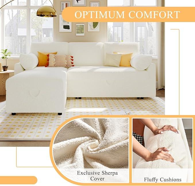 VanAcc Sofa Bed, Sleeper Sofa- 2 in 1 Pull Out Couch Bed with Storage Chaise for Living Room, White Sherpa 84in x 59in x 39in