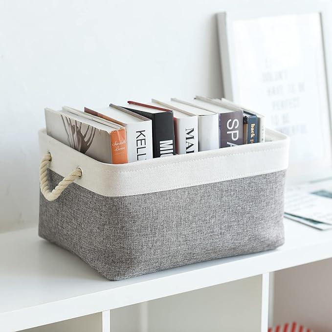 TheWarmHome Organization and Storage Basket for Organizing- 16x12x8 inch 1 Pack Fabric Storage Cubes, Collapsible Storage Bins for Shelves Organizer Gift Closet Cloth Toy (White & Grey)