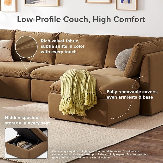 mopio Oversized Modular Sectional Sofa with Fully Removable Covers and Storage, Convertible U, L-Shaped and Sleeper Sectional, Modern Couches with Ottoman Chaise (Hazelnut Velvet, 8 Seats, Sleeper)