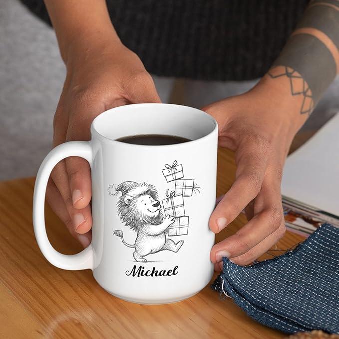 Personalized Lion Lover Coffee Cup 11 Oz 15 Oz, Lion Wild Animal Ceramic Coffee Mug Gift For Kids Child on Birthday Holiday, Custom Name Lions White Accent Teacup, Animal Travel Mug Gift For Friends