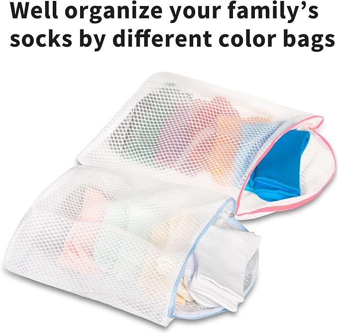 3Pcs Hanging Laundry Bags for Socks with S Hooks, 3 Color Mesh Laundry Bags for Washing Machine
